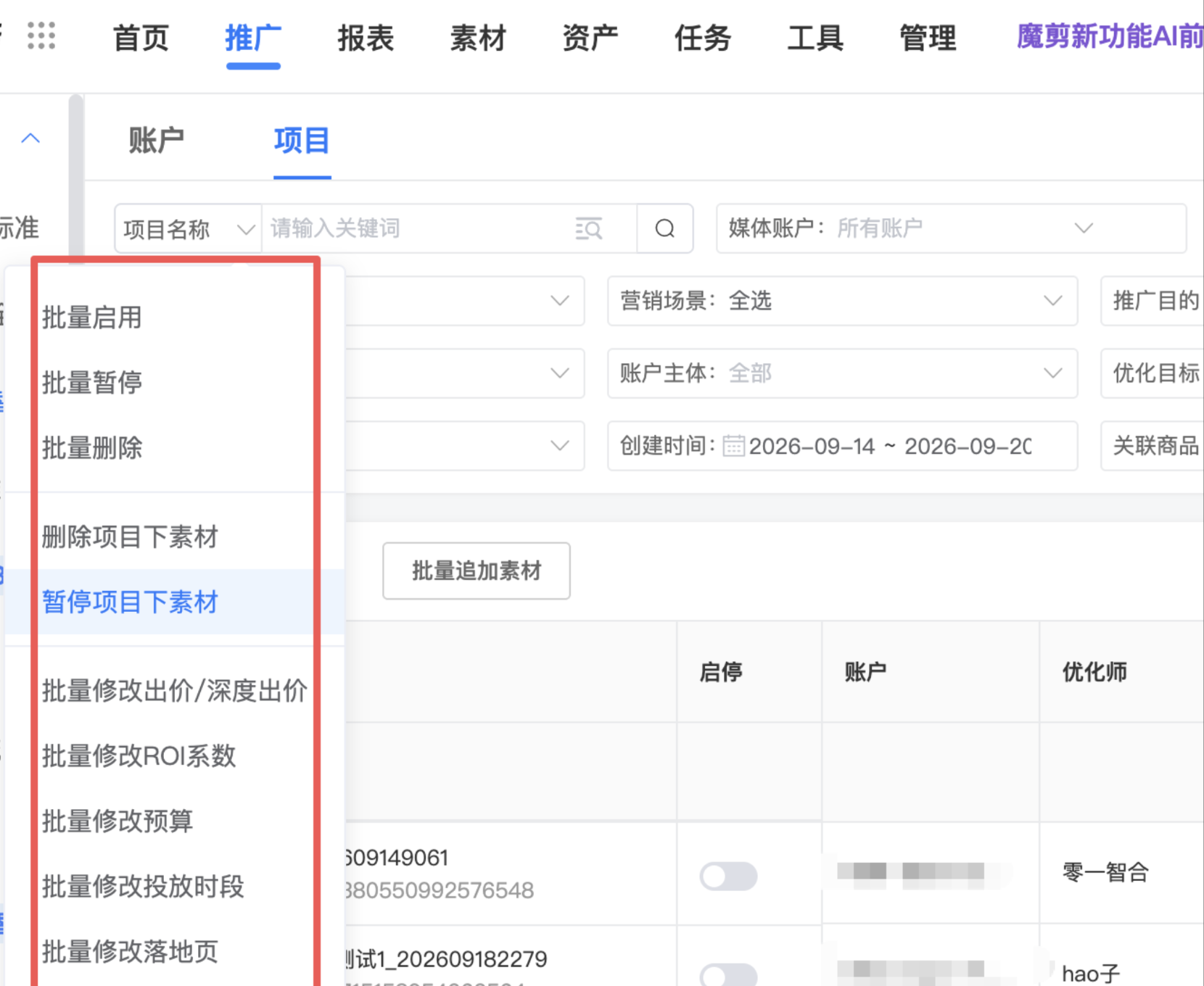项目面板批量改 ROI / 预算 / 出价 / 时段——批量调整,大促的时候一键修改!:操作界面