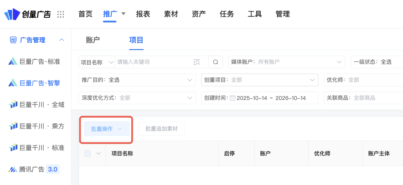 项目面板批量改 ROI / 预算 / 出价 / 时段——批量调整，大促的时候一键修改！：操作界面