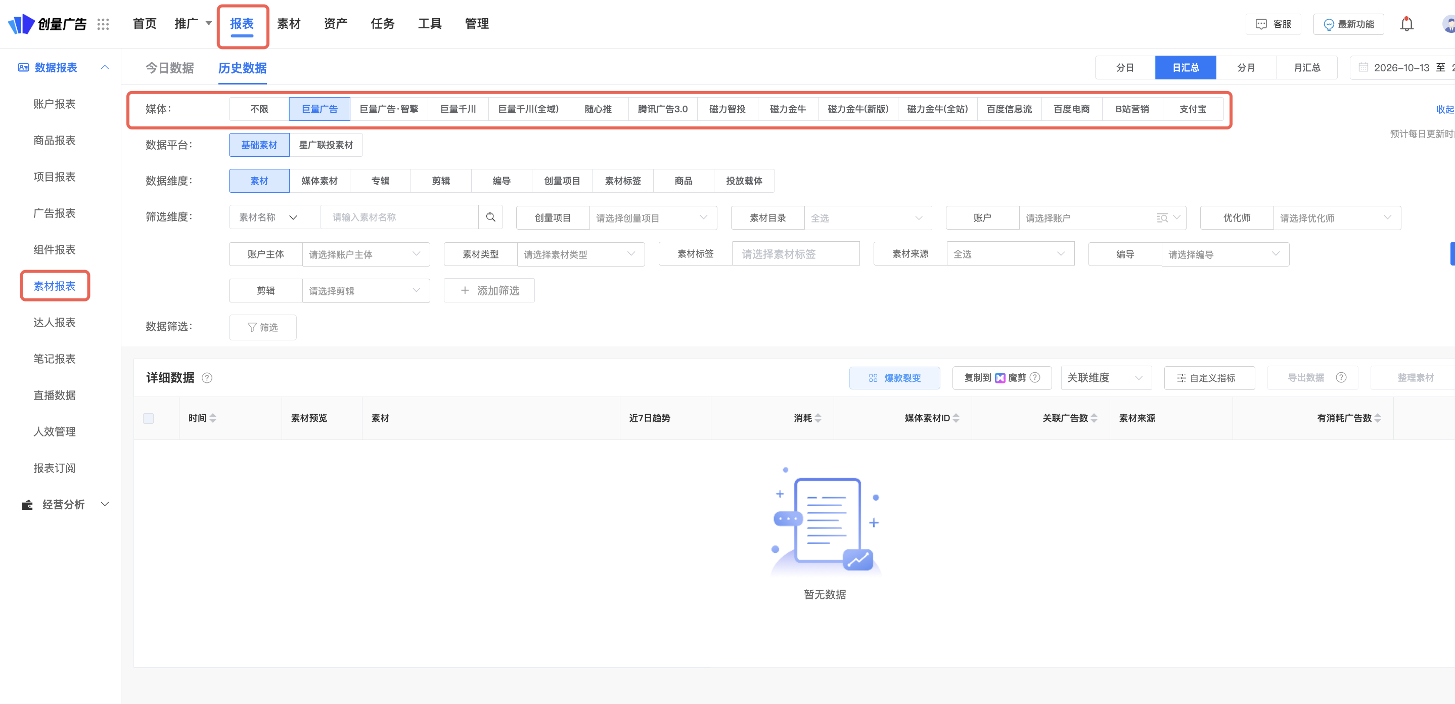 创量素材报表,可按媒体、商品、素材标签等条件筛选和查看历史数据。